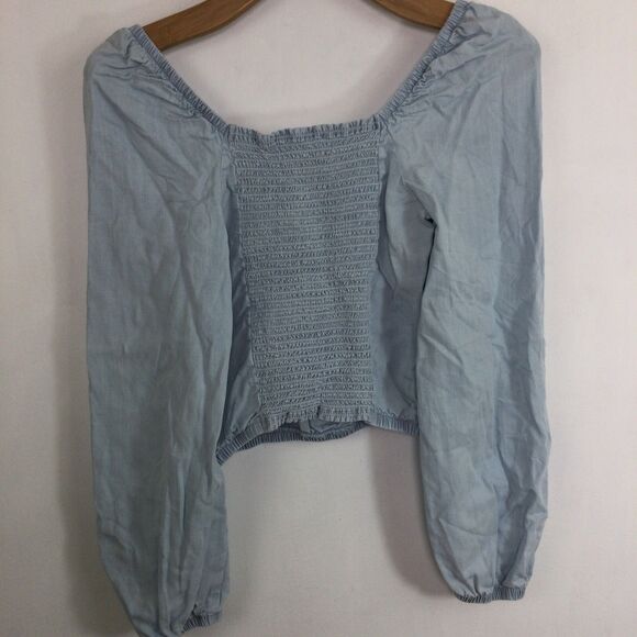 Cloth & Stone Cropped Smocked Back Puff Sleeve Chambray Shirt Top Blue Sz Small - Picture 8 of 13